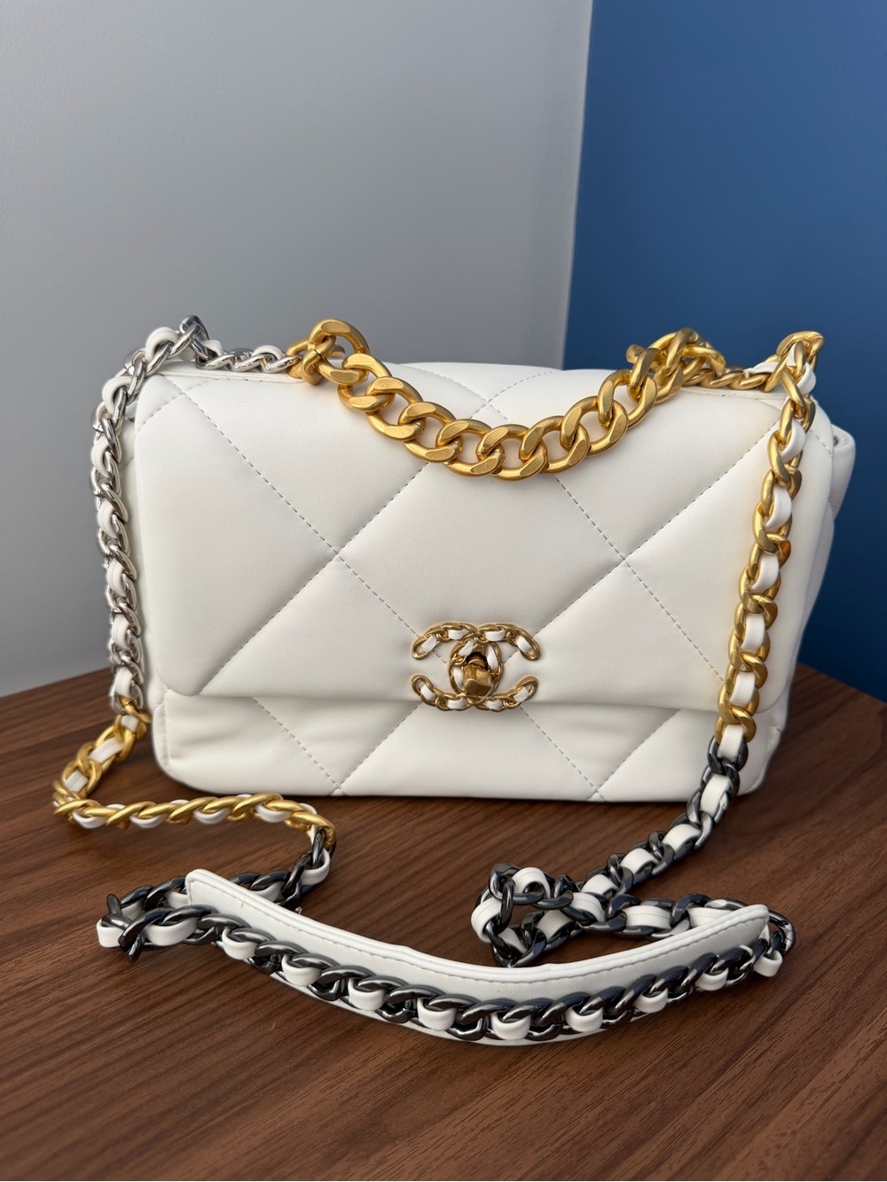 White Quilted Shoulder Bag with Gold & Silver Chain